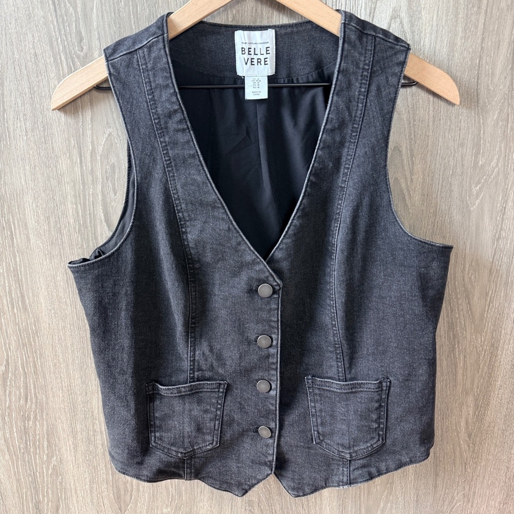 Belle Vere Denim Vest Womens Medium Black Dark Wash Button Up Waistcoat Boho